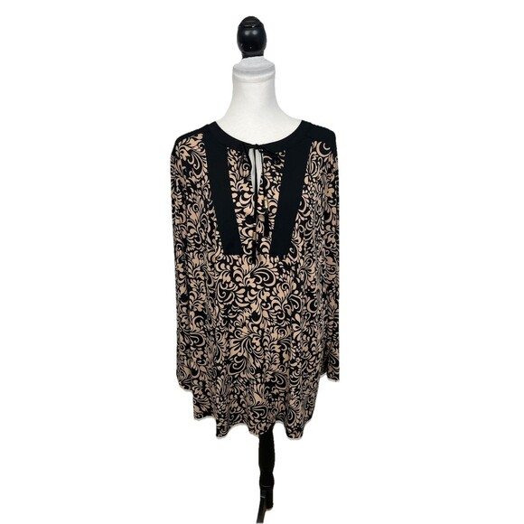Susan Graver HSN Blouse Plus Size 3X Black & Tan Floral Tie V Neck Long Sleeve - Picture 1 of 11